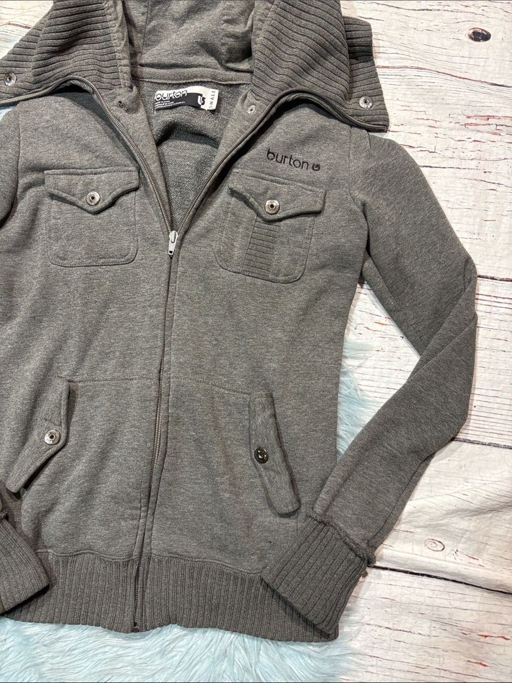 Burton Gray Hooded Ribbed Button Front Sweatshirt Jacket - Picture 3 of 9